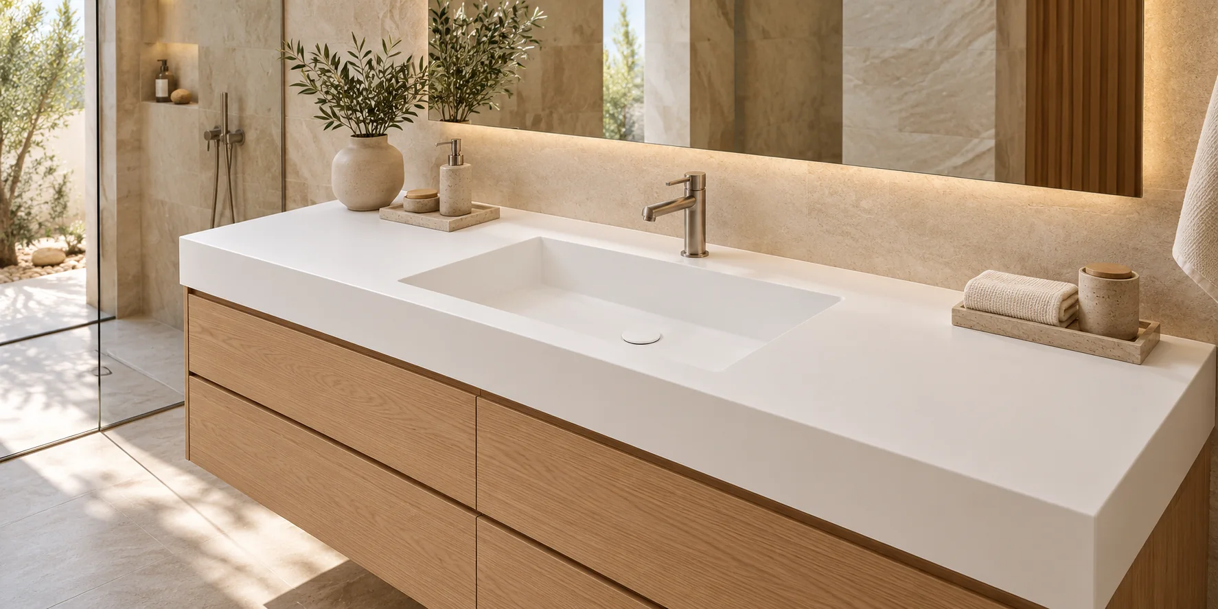 Baño moderno con mesada blanca y bacha integrada de KRION