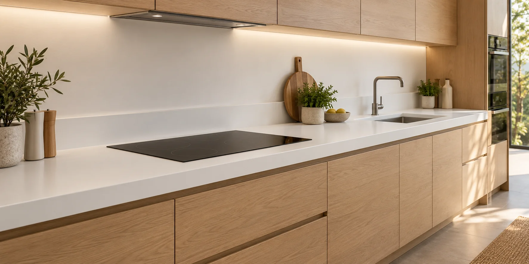 Cocina moderna con isla y mesada blanca de KRION