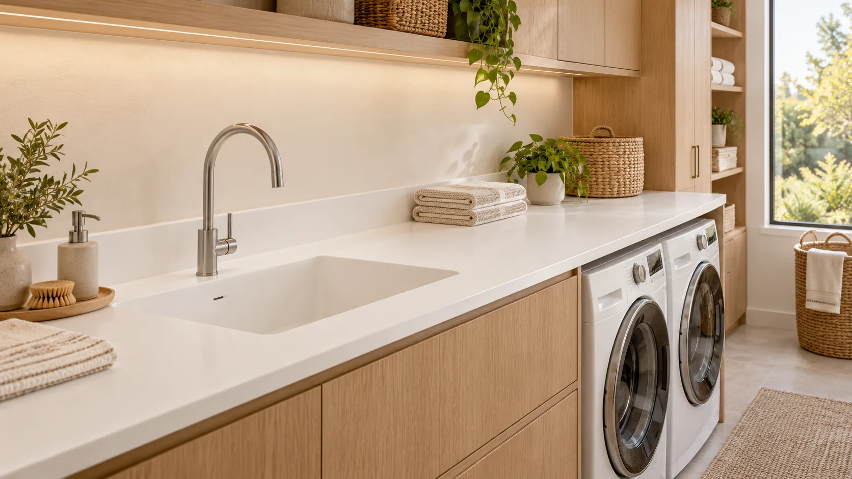 Lavadero moderno con mesada blanca y pileta integrada de KRION